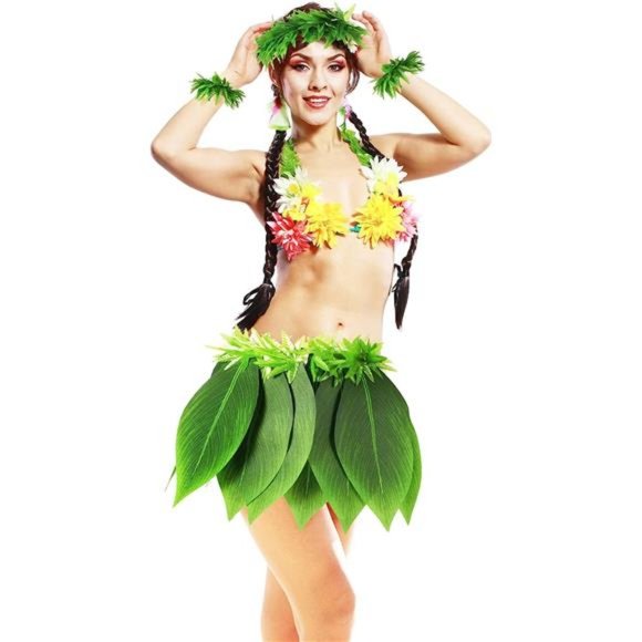 Hawaiian Leaf Hula Skirt and Leis Set Include Tropical Fern Leaf Headband - Picture 4 of 7